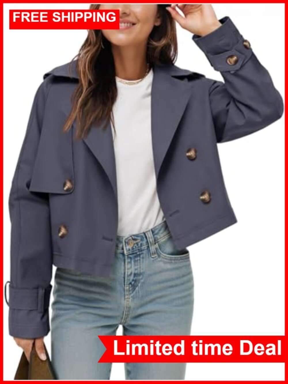 Cropped Trench Coat Double Breasted Loose Fit Lightweight Fall Jacket